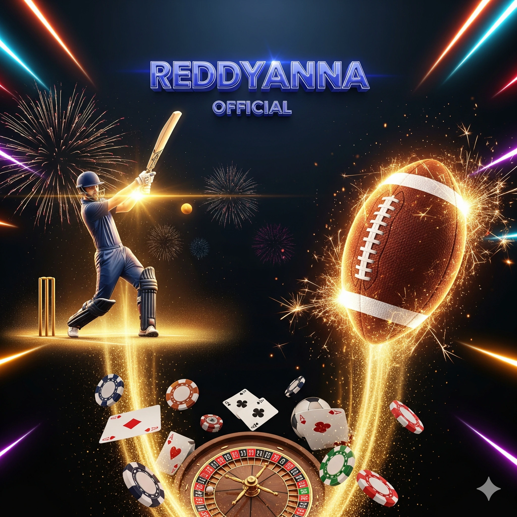 ReddyAnna Official 3D logo with cricket shot, glowing football, casino roulette, cards, and chips in neon background.