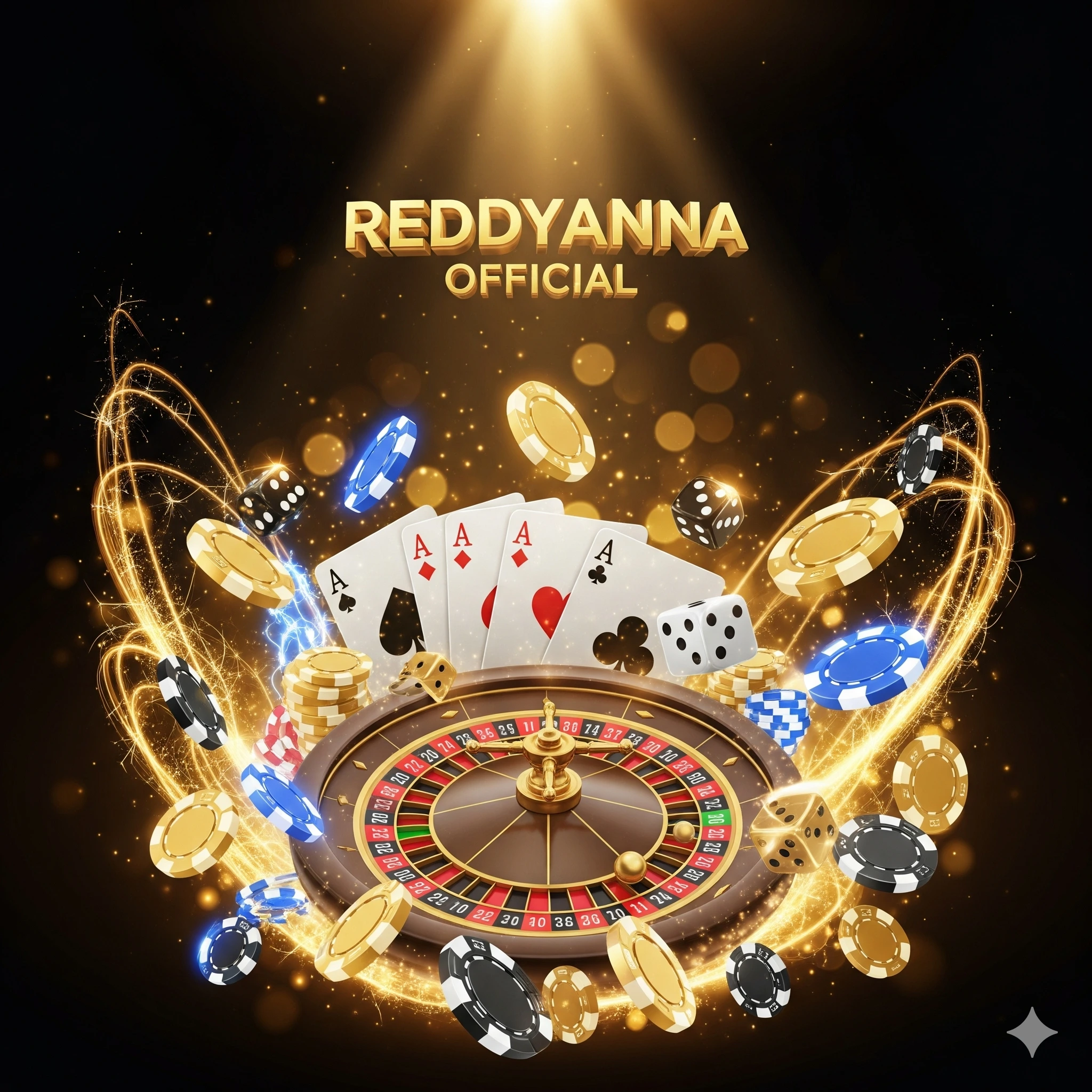 ReddyAnna Official 3D logo with roulette wheel, poker chips, dice, and playing cards in golden neon casino theme.