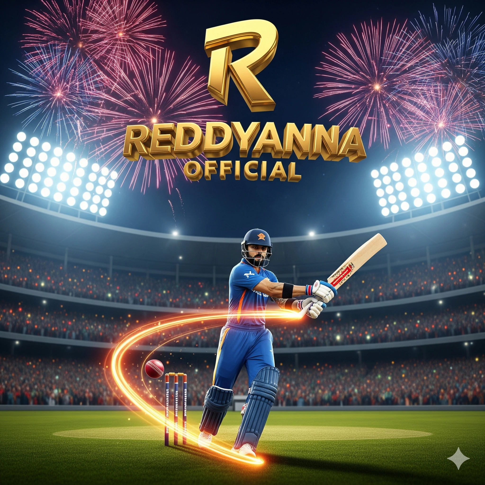 ReddyAnna Official 3D logo with Virat Kohli hitting a six in cricket stadium with fireworks and golden lights.