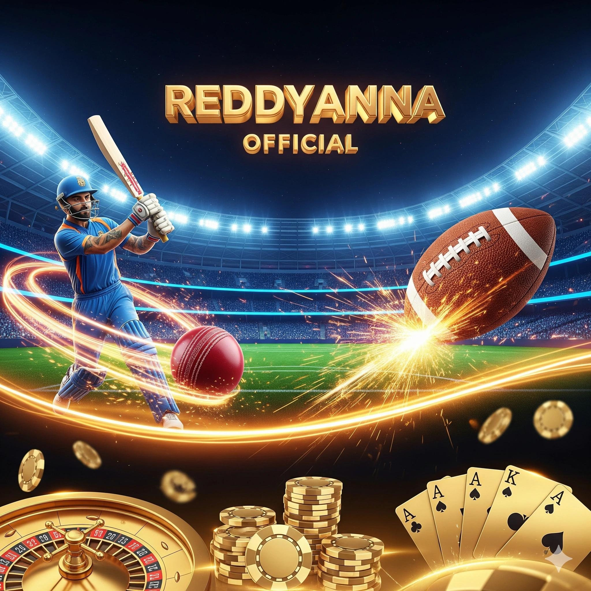 ReddyAnna Official 3D logo with Virat Kohli cricket action, football, and casino theme in black and gold neon background.