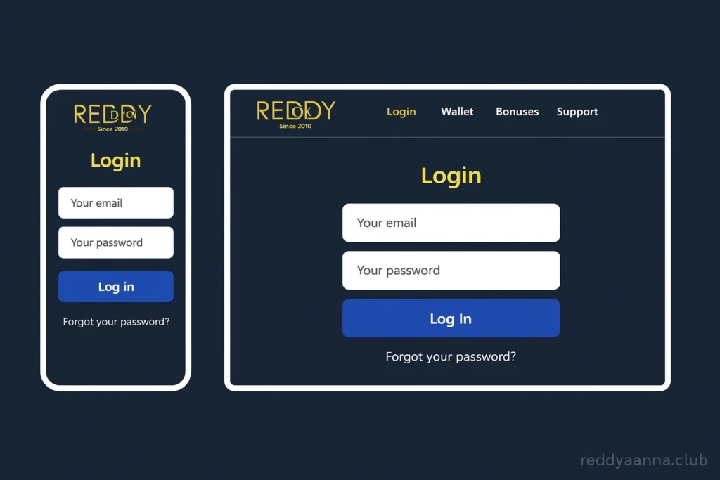 Reddy Book Club dashboard showing login, wallet, bonuses, and support tabs on mobile and desktop 