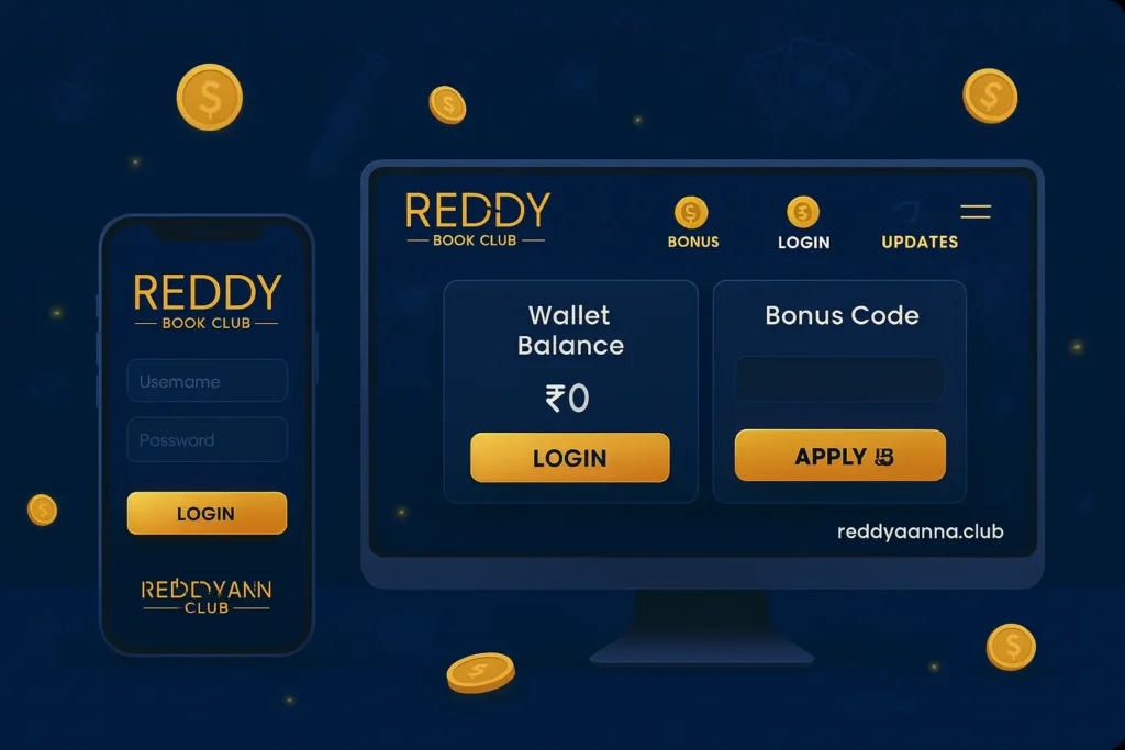 Reddy Book Club dashboard interface showing login, wallet balance, and bonus section on smartphone and desktop – reddyaanna.club