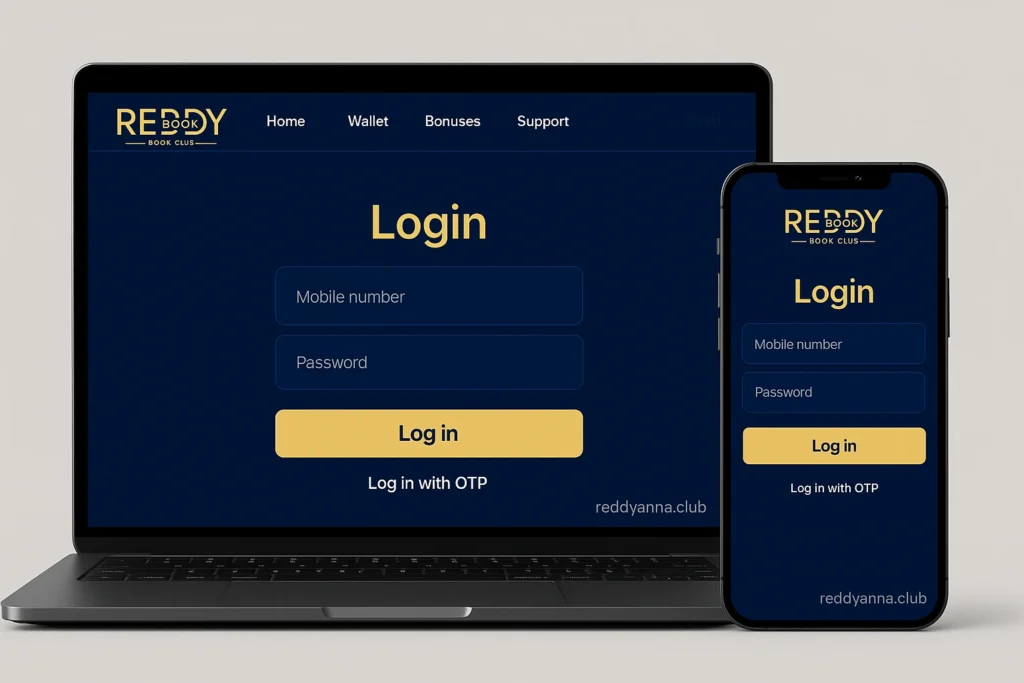Reddy Book Club login screen on desktop and mobile with OTP prompt